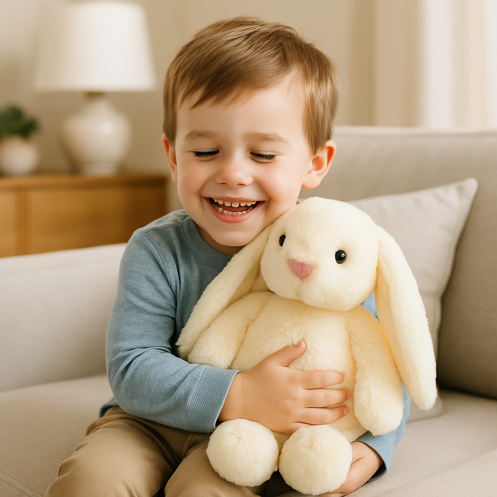petit garcon canape tient lapin peluche dans bras