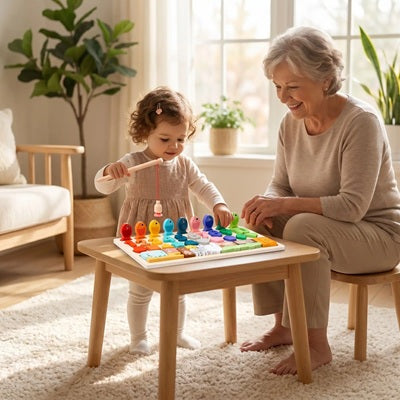 petite fille devant puzzle bebe tient canne peche mamie regarde