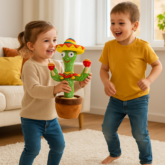 petite fille garçon dansent avec peluche interactive cactus dansant