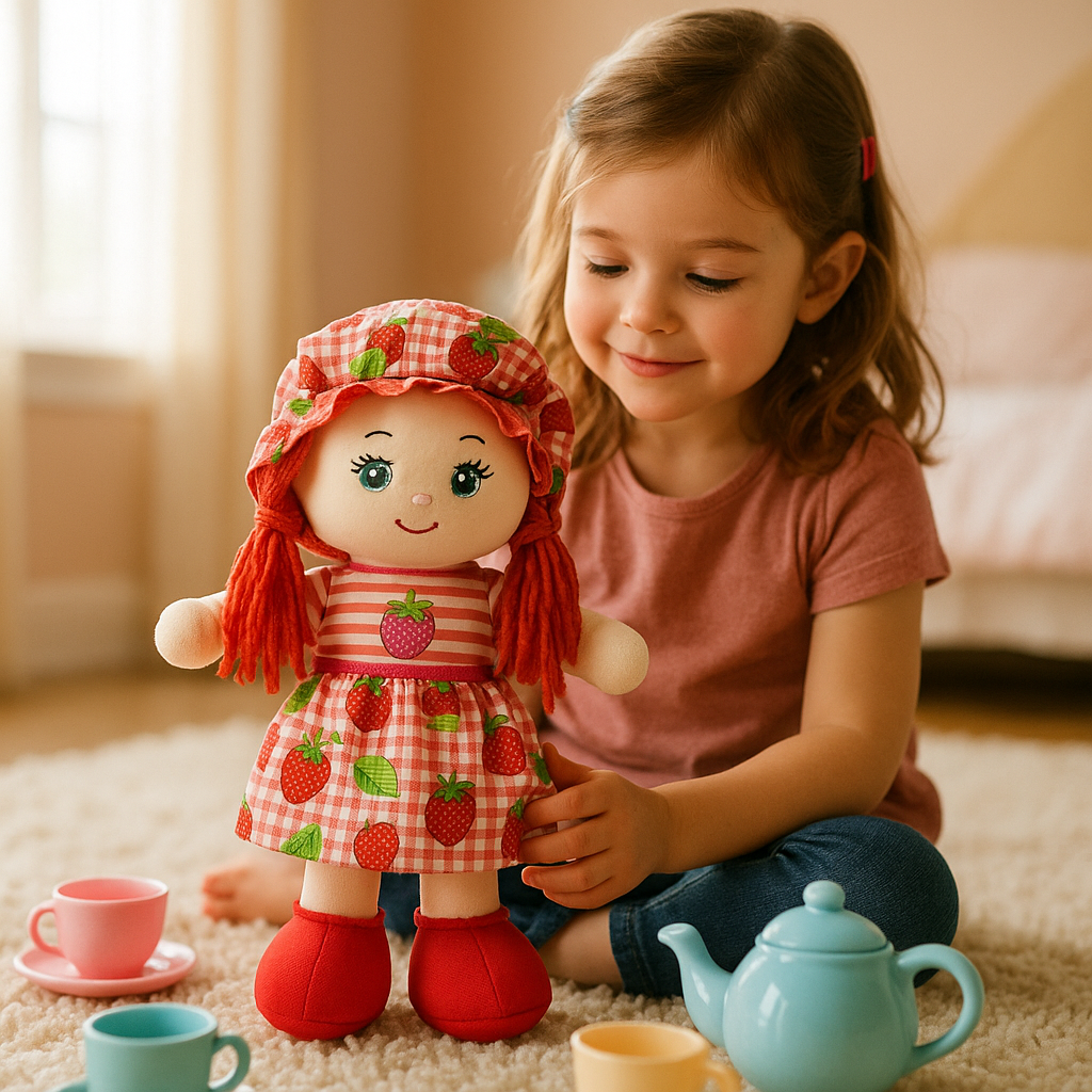 petite fille joue poupee de chiffon chambre