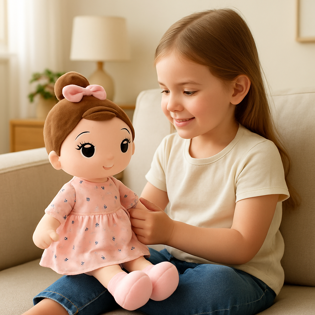 petite fille joue poupee de chiffon sur genou