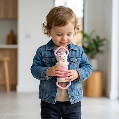 toute petite fille debout tient mains jouet éveil bebe