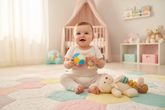 Bébé en éveil avec anneau dentition, doudou et hochet