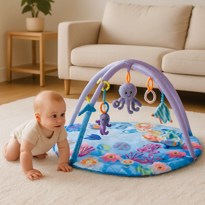 Bebe quatre pattes pres tapis de jeu bebe