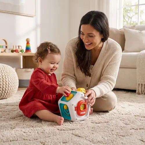 Maman bébé robe rouge assises tapis chambre jouent jouet bebe
