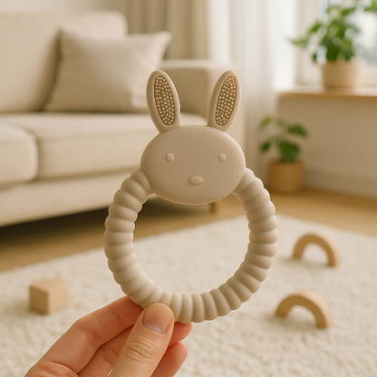 anneau de dentition bebe lapin creme doigts maman