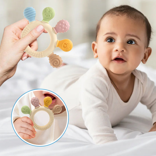 anneau de dentition cinq embouts couleurs vives relief