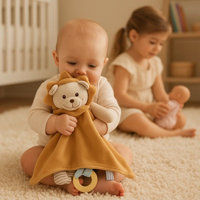 bebe affectueux assis tapis caline doudou bebe fille joue poupee