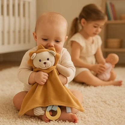 bébé affectueux assis tapis câline doudou bebe fille joue poupée