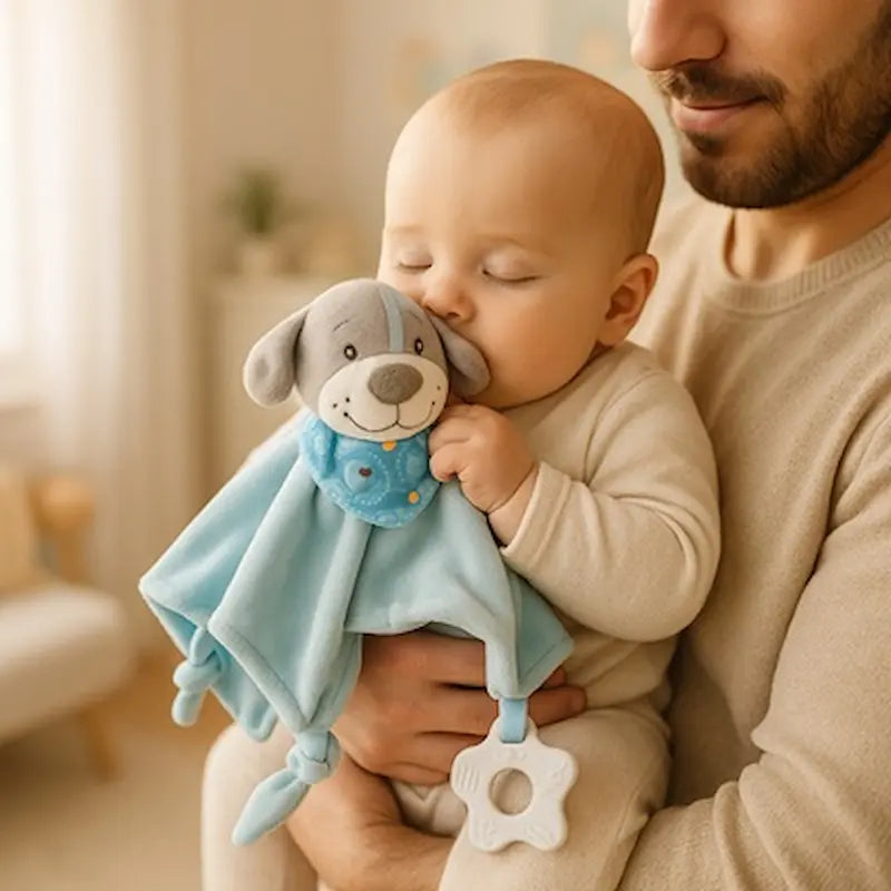 bébé affectueux bras papa câline doudou bébé chien 