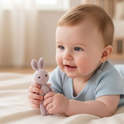 bebe allonge avec sourire tient lapin doudou gris