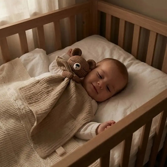 bébé allongé berceau apaisé avec doudou bébé sur lui dans berceau