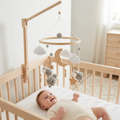 bebe allonge berceau gigote en regardant mobile bebe mouton gris