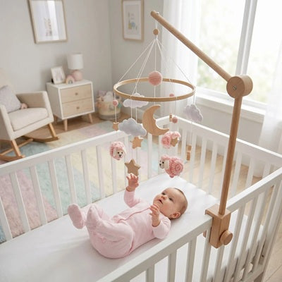 bebe allonge berceau leve bras jambes regarde mobile pour bebe