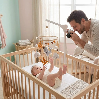 bebe allonge berceau leve mains touche mobile bebe papa photographie