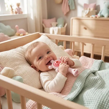 bébé allongé berceau mordille hochet bebe rose