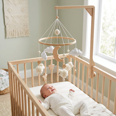 bebe allonge berceau regarde eveille mobile bebe mouton blanc