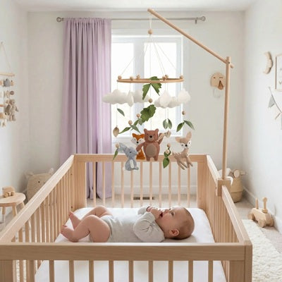 bebe allonge berceau regarde mobile bebe chambre decoree rideau parme