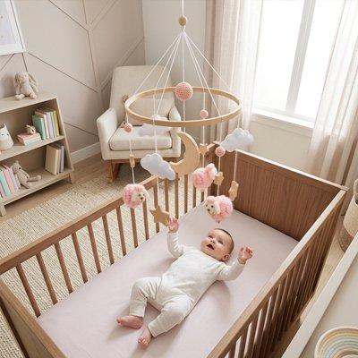 bebe allonge berceau regarde mobile pour bébé moutons roses