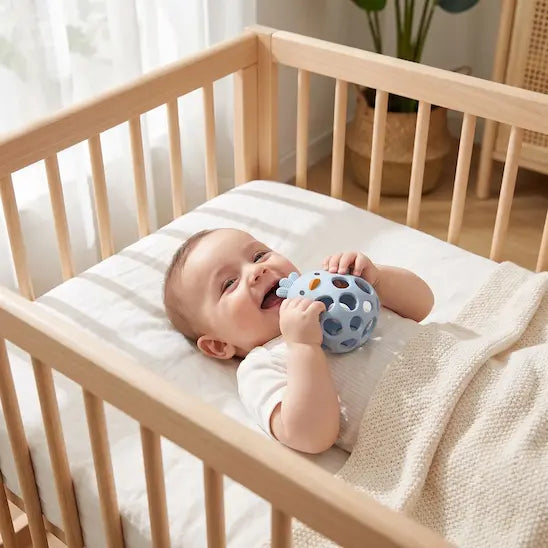 bébé allonge berceau tient anneau de dentition bébé poussin bleu