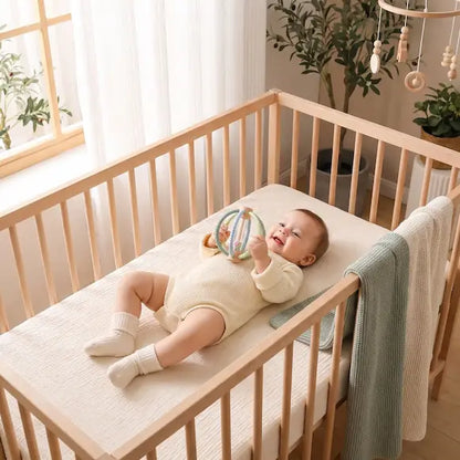 bébé allongé berceau tient hochet pour bebe boule