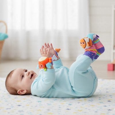 bebe allonge dos avec hochet bebe chaussettes poignets sur lui