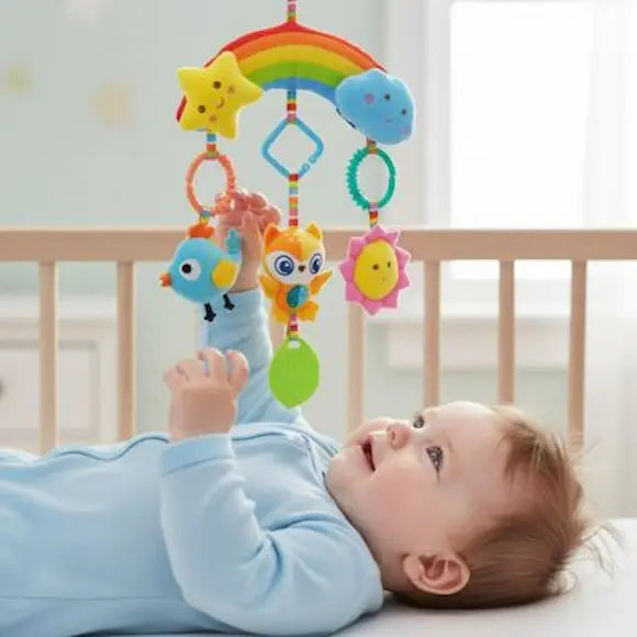 bébé allongé dos berceau joue éléments suspendus hochet bebe