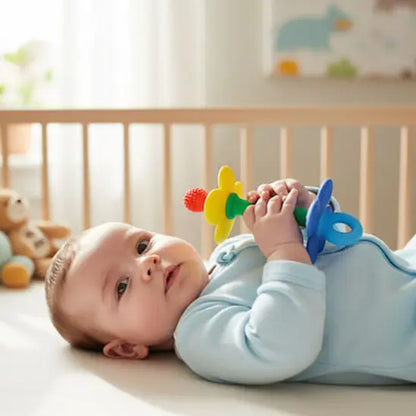 bébé allonge dos berceau tient anneau dentition bébé