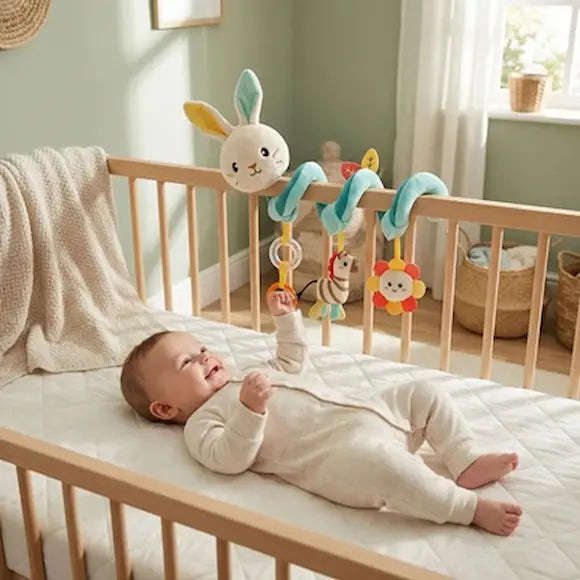 bébé allongé dos joue élements suspendu hochet enreoulé barre berceau