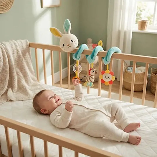 bébé allongé dos joue élements suspendu hochet enreoulé barre berceau