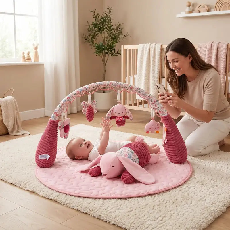 bébé allongé dos lève main attrape hochets suspendus maman photographie