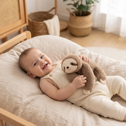 bébé allongé dos peluche bebe paresseux posé ventre