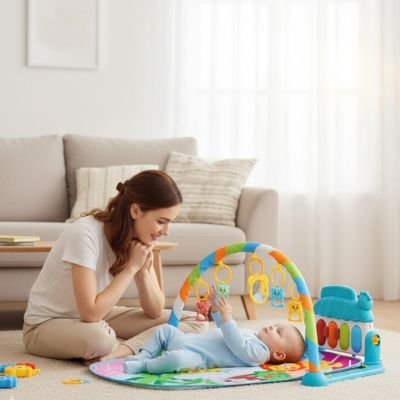 bebe allonge dos sous arche deveil joue maman regarde bebe