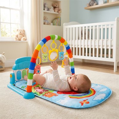 bebe allonge dos sur tapis deveil bebe joue hochets suspendus