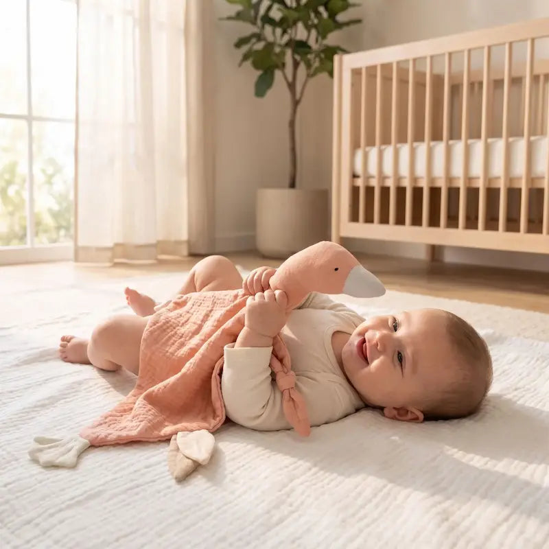 bébé allongé dos tapis tient doudou bébé oie