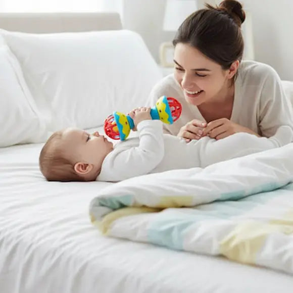 bébé allongé lit tient hochet bebe près bouche maman surveille
