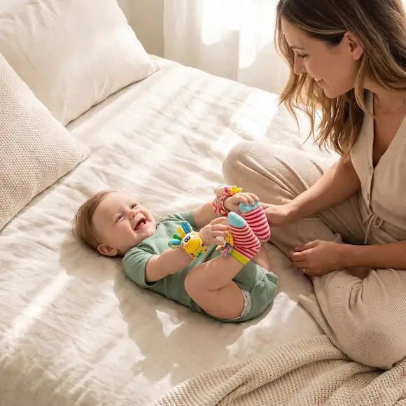 bébé allongé lit tient mains pieds porte hochet pour bebe