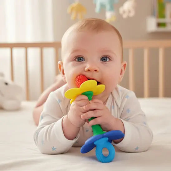 bébé allongé met dans bouche anneau dentition bébé