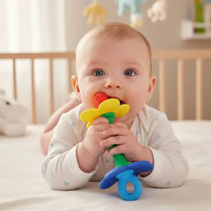 bébé allongé met dans bouche anneau dentition bébé