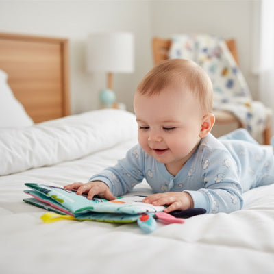 bebe allonge regarde livre bebe en tissus
