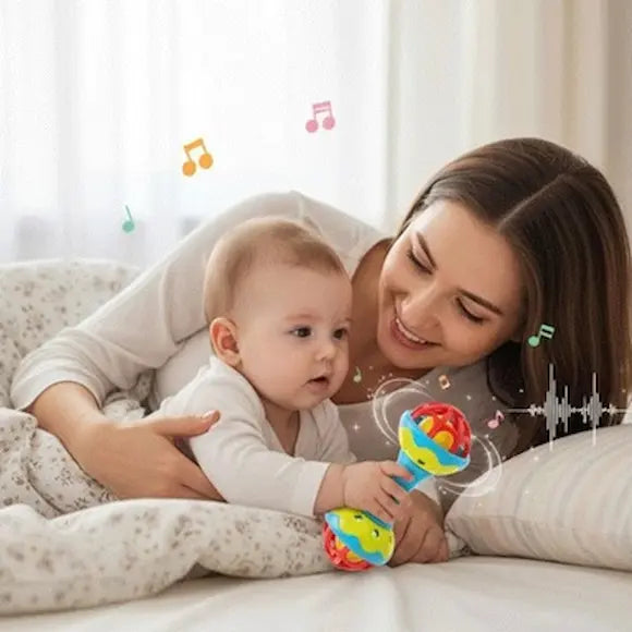 bébé allongé sous couette avec maman tient hochet bebe