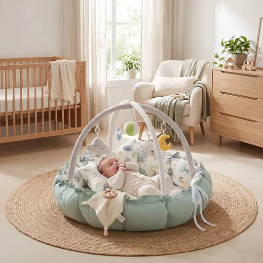 bébé allongé tapis d'éveil bébé suce pouce regarde hochets