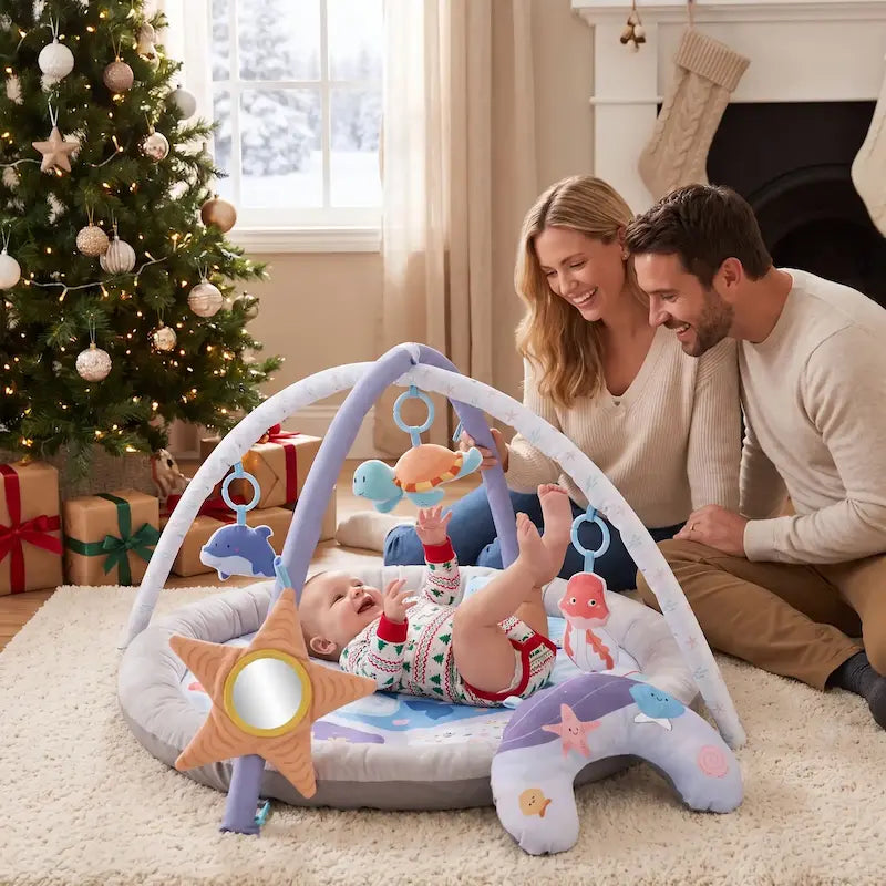 bébé allongé tapis d'éveil près sapin noel parents regardent