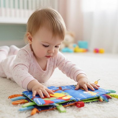 bebe allonge tapis regarde livre bebe en tissus