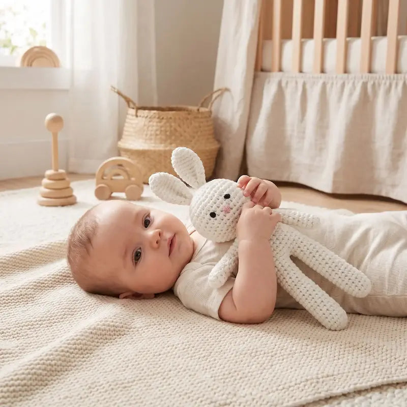 bébé allongé tapis tient doudou lapin blanc