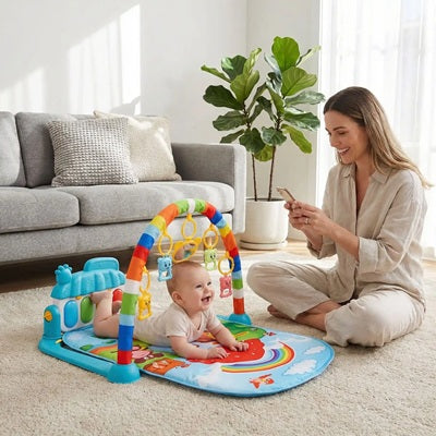 bebe allonge ventre tapis deveil bebe maman assise moquette photographie
