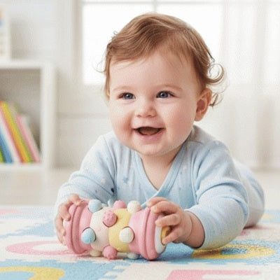 bebe allonge ventre tient dans mains-jouet bebe 1 an