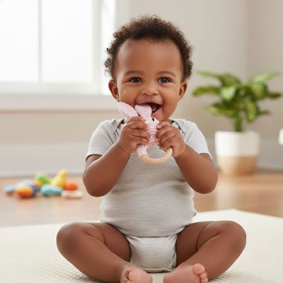 bebe assis avec hochet lapin dans bouche