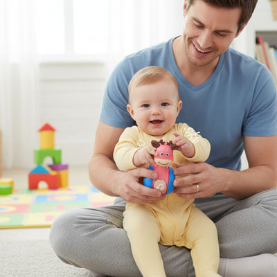 bebe assis avec papa tient jouet bebe 1 an