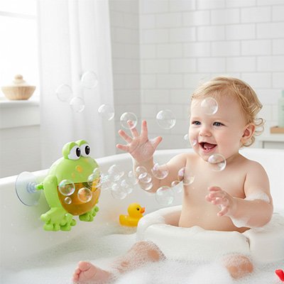 bebe assis baignoire joue avec bulles jouet de bain grenouille